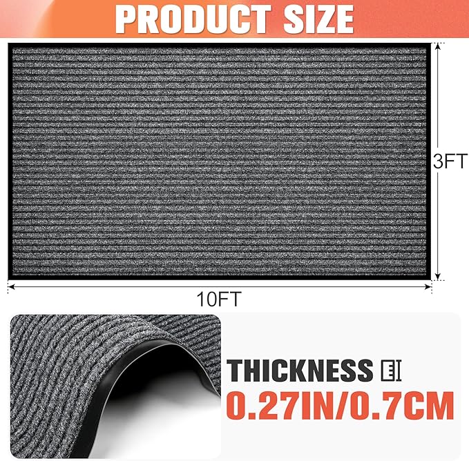 MYFAMIREA Commercial Floor Mat 3' x 10' Extra Large Front Door Industrial Rug Heavy Duty Brush Step Entrance Mat Weather Utility Rug with Non Slip Rubber Backing Low Profile for Entryway,Charcoal Grey