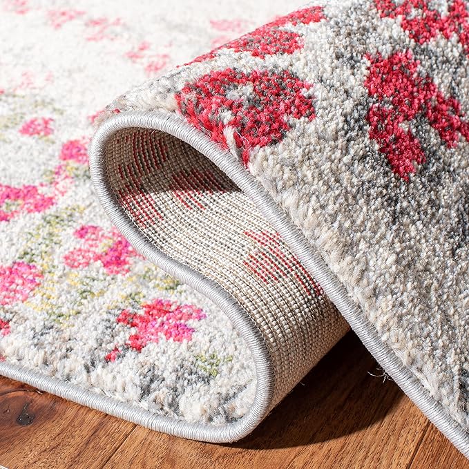 SAFAVIEH Monaco Collection Area Rug - 6'7" x 9'2", Ivory & Pink, Floral Design, Non-Shedding & Easy Care, Ideal for High Traffic Areas in Living Room, Bedroom (MNC205R)