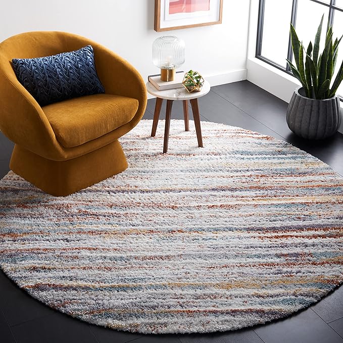 SAFAVIEH Berber Shag Collection Round Rug - 4'5" Round, Blue Rust & Ivory, Contemporary Design, Ideal for High Traffic Areas in Living Room, Bedroom & Dining Room (BER565A-4R)