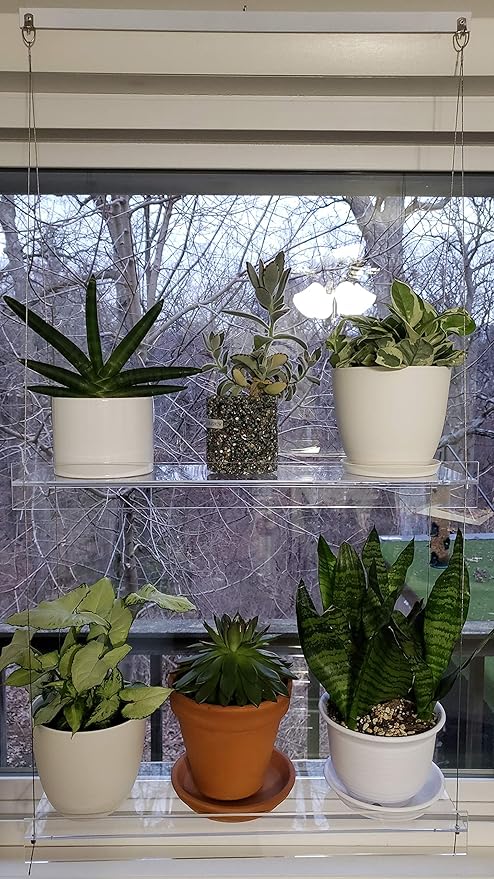 Hanging Acrylic Shelves for Windows (16" Wide, 5 Shelves - 66" Tall)