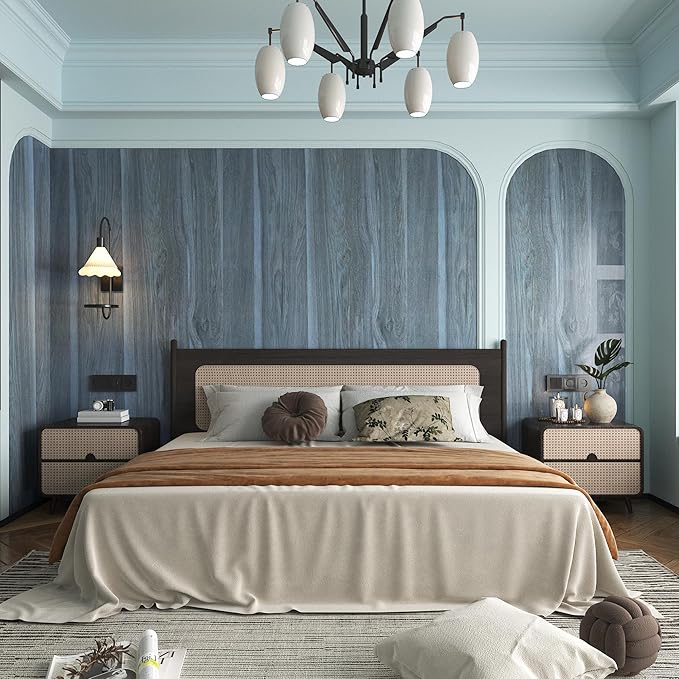 Peacock Blue Wallpaper Wood Grain Contact Paper for Cabinets Wood Look Wallpaper with Air Guide Slot Design 32x158 inch Peel and Stick Countertops Wood Vinyl Wrap Waterproof Countertop Contact Paper