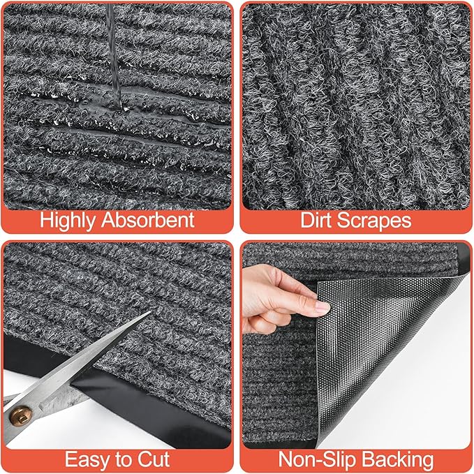 Commercial Floor Mat 1.47' x 2.3' Extra Large Front Door Industrial Rug Heavy Duty Brush Step Entrance Mat Weather Utility Rug with Non Slip Rubber Backing Low Profile for Entryway, Charcoal Grey