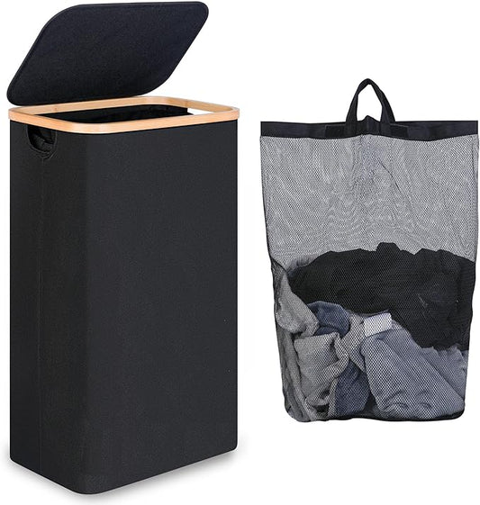 75L Slim Laundry Hamper, Narrow Laundry Basket with Lid,Foldable Clothes Hamper with Bamboo Handles,Hamper Basket with Removable Inner Bag for Laundry Room Bedroom College Dorm,19.8 Gals Black