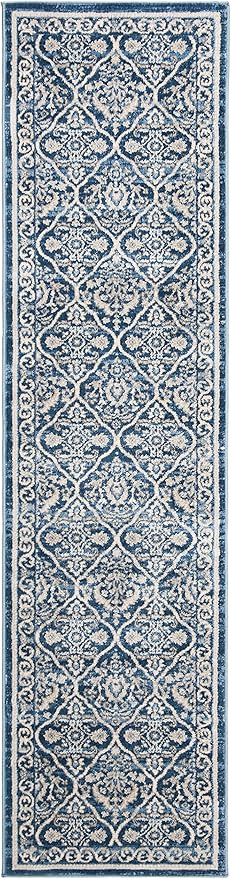 SAFAVIEH Brentwood Collection 2' x 20' Navy / Light Grey BNT870M Oriental Damask Trellis Non-Shedding Living Room Bedroom Runner Rug