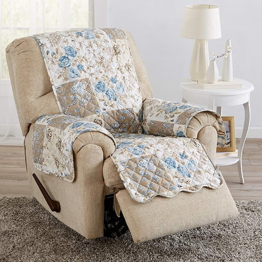 Great Bay Home Reversible Floral Patchwork Furniture Protector - Machine Washable, Scalloped Edge, Stain Resistant, Printed Furniture Cover for Dogs, Kids, and Pets (Recliner, Taupe/Blue)