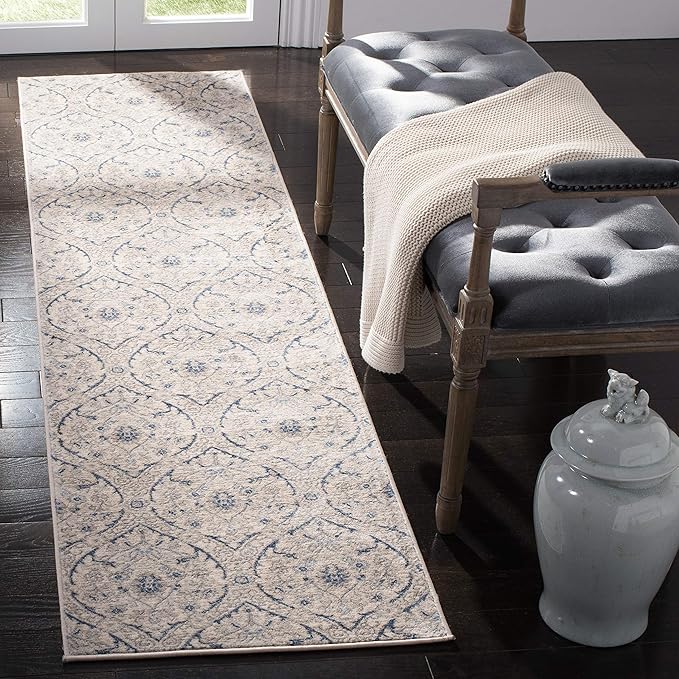 SAFAVIEH Brentwood Collection Runner Rug - 2' x 12', Light Grey & Blue, Floral Damask Ogee Trellis Design, Non-Shedding & Easy Care, Ideal for High Traffic Areas in Living Room, Bedroom (BNT860G)