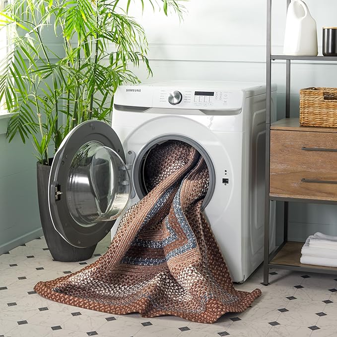 SAFAVIEH Washable Rug Outdoor Braided Collection - 6' Round, Brown & Multi, Handmade & Reversible, Non-Shedding & Easy to Clean, Ideal for Patio, Backyard, Mudroom (BRD313A)