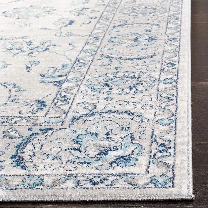 SAFAVIEH Brentwood Collection Area Rug - 3' Square, Light Grey & Blue, Oriental Floral Scroll Design, Non-Shedding & Easy Care, Ideal for High Traffic Areas in Living Room, Bedroom (BNT854G)