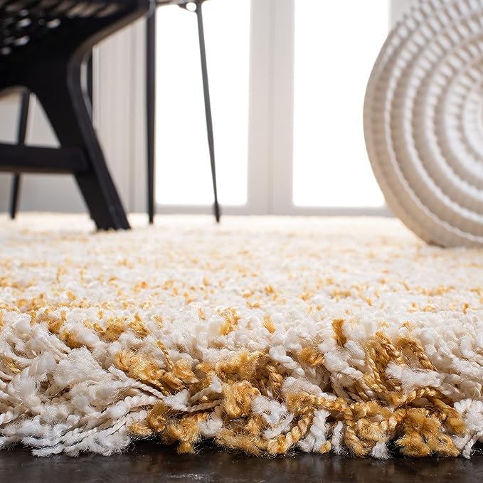 SAFAVIEH Hudson Shag Collection Runner Rug - 2'3" x 8', Ivory & Gold, Modern Design, Non-Shedding & Easy Care, 2-inch Thick Ideal for High Traffic Areas in Living Room, Bedroom (SGH206D)