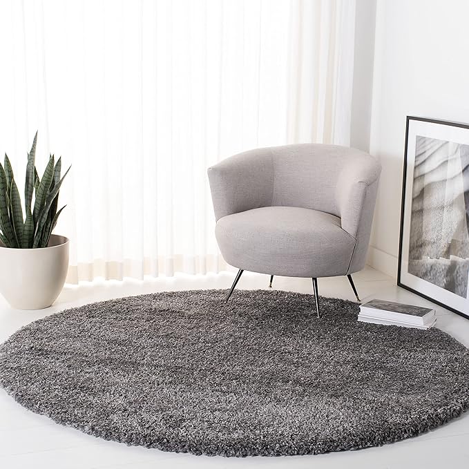 SAFAVIEH Fontana Shag Collection Area Rug - 4' Round, Silver, Solid Pattern, Non-Shedding & Easy Care, 2-inch Thick, Ideal for The Living Room, Dining, Bedroom (FNT800G)