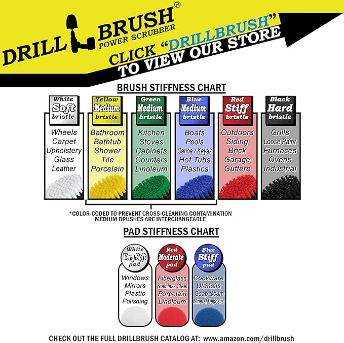 Drillbrush Variety & Medium Stiffness Green Kitchen Cleaning Kit - 7 Brushes & 3 Pads - Tile, Grout, Bathtub, Sinks & More - Nylon Bristles & Pads - 90 Day No Questions Asked Return