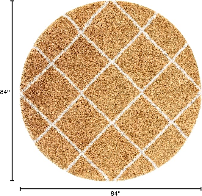 SAFAVIEH Hudson Shag Collection Area Rug - 7' Round, Gold & Ivory, Moroccan Trellis Design, Non-Shedding & Easy Care, 2-inch Thick Ideal for High Traffic Areas in Living Room, Bedroom (SGH281F)