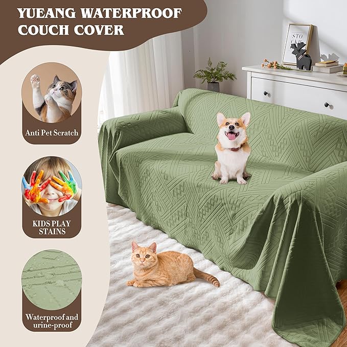 Waterproof Couch Cover, Reversible, Pet-Friendly, Washable and Anti-Slip Couch Covers for Sofa Protection with 3 Cushions, Sofa Slipcovers for Dogs and Cats (71×118in/Green)