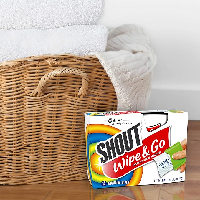 Shout Wipes Stain Remover for Clothes Laundry, Instant Stain Remover and Individually Wrapped, Travel Essentials, Works on Everyday Stains, 12 Wipes per Carton (6 Cartons), (Pack of 12)