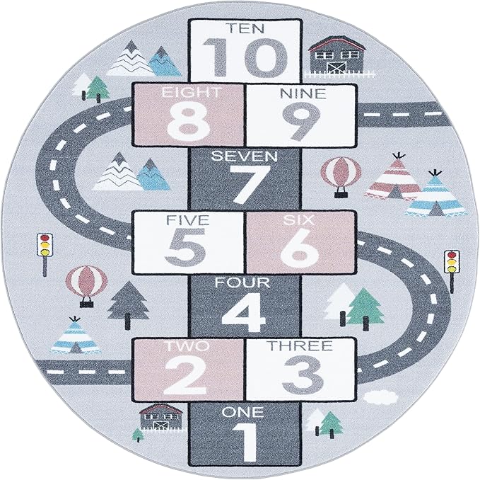 SAFAVIEH Washable Rug Kids Playhouse Collection - 6'7" Round, Grey & Pink, Slip Resistant & Easy to Clean, Ideal for Kids Room, Playroom, Nursery, Boys & Girls Room (KPH226A)