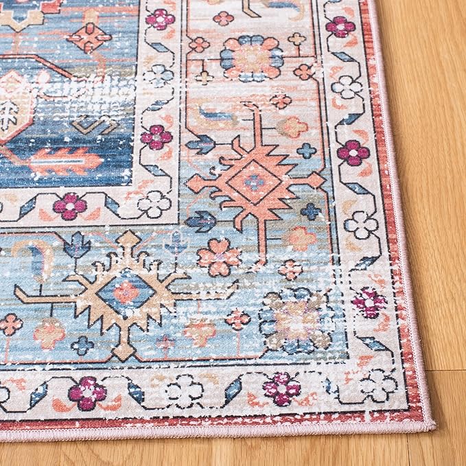 SAFAVIEH Washable Rug Tucson Collection - 2'6' x 10' Runner, Beige & Blue, Slip Resistant & Easy to Clean, Ideal for Living Room, Bedroom, Dining Space (TSN109B)