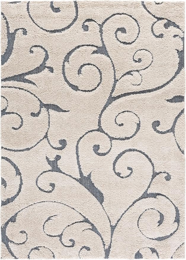 SAFAVIEH Florida Shag Collection Area Rug - 5'3" x 7'6", Beige & Blue Grey, Scroll Design, Non-Shedding & Easy to Clean, High-Low Plush Pile, Ideal for Living Room, Bedroom, Dining Space (SG455-1155)