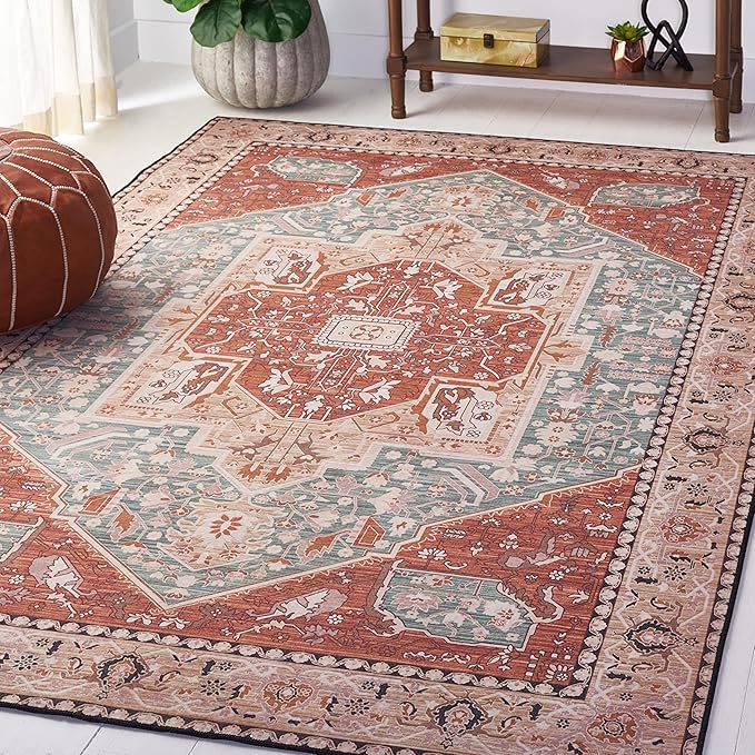 SAFAVIEH Washable Rug Tucson Collection - 3' x 5', Aqua & Rust, Slip Resistant & Easy to Clean, Ideal for Foyer, Entryway, Kitchen, Bedroom (TSN150J)