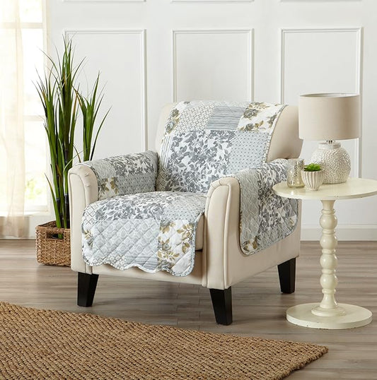 Great Bay Home Reversible Patchwork Chair Cover - Washable Slipcover Furniture Protector with Elastic Straps - Chair Cover for Dogs, Kids, and Pets - Box-Stitched Detail (Chair, Grey)