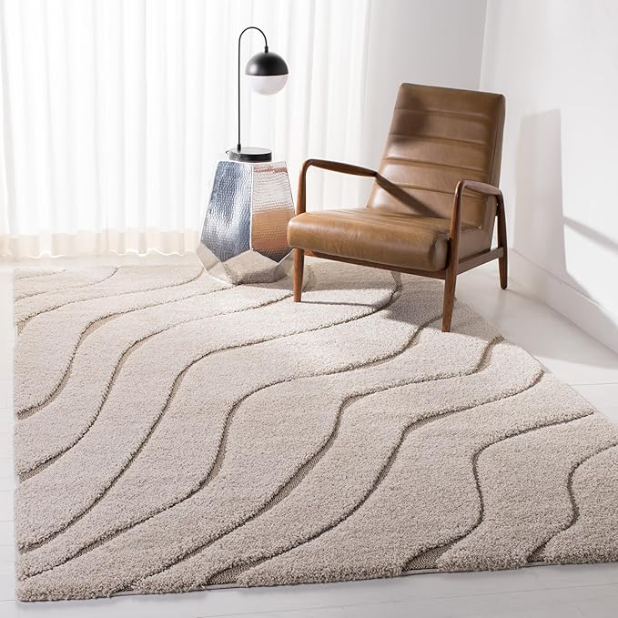 SAFAVIEH Florida Shag Collection Area Rug - 6'7" Square, Cream & Beige, Non-Shedding & Easy Care, 1.2-inch Thick Ideal for High Traffic Areas in Living Room, Bedroom (SG472-1113)