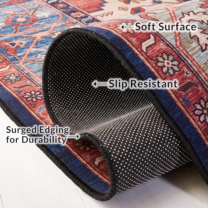 SAFAVIEH Washable Rug Tucson Collection - 3' Round, Rust & Blue, Slip Resistant & Easy to Clean, Ideal for Foyer, Entryway, Kitchen, Bedroom (TSN153P)