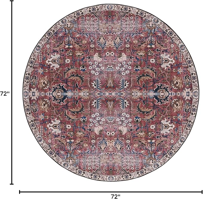 SAFAVIEH Washable Rug Tucson Collection - 6' Round, Red & Beige, Slip Resistant & Easy to Clean, Ideal for Living Room, Bedroom, Dining Space (TSN174Q)