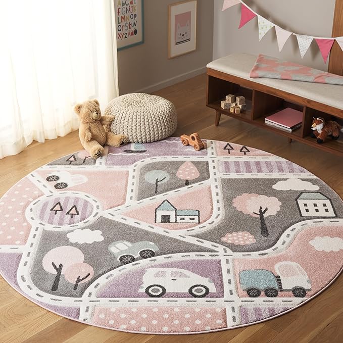 SAFAVIEH Carousel Kids Collection Area Rug - 6'7" Round, Grey & Pink, Non-Shedding & Easy Care, Ideal for High Traffic Areas for Boys & Girls in Playroom, Nursery, Bedroom (CRK193U)