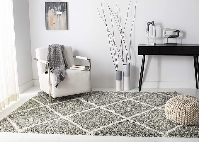 SAFAVIEH Hudson Shag Collection Area Rug - 5'3" x 7'6", Grey & Ivory, Modern Trellis Design, Non-Shedding & Easy Care, 2-inch Thick Ideal for High Traffic Areas in Living Room, Bedroom (SGH281B)