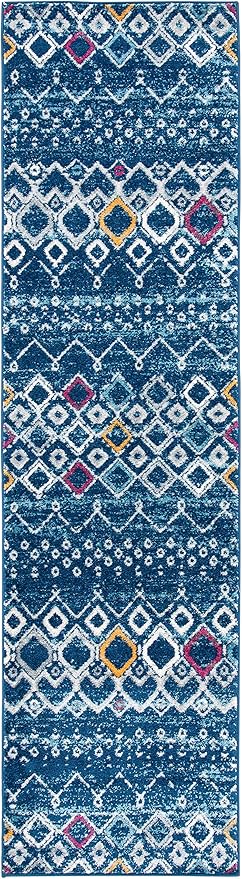 SAFAVIEH Amsterdam Collection Runner Rug - 2'3" x 8', Navy & Turquoise, Moroccan Boho Design, Non-Shedding & Easy Care, Ideal for High Traffic Areas in Living Room, Bedroom (AMS108M)