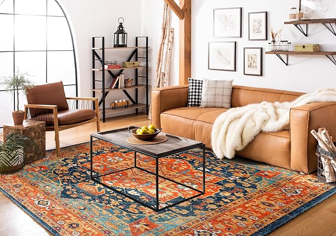 SAFAVIEH Evoke Collection Area Rug - 9' x 12', Blue & Orange, Oriental Medallion Distressed Design, Non-Shedding & Easy Care, Ideal for High Traffic Areas in Living Room, Bedroom (EVK275C)