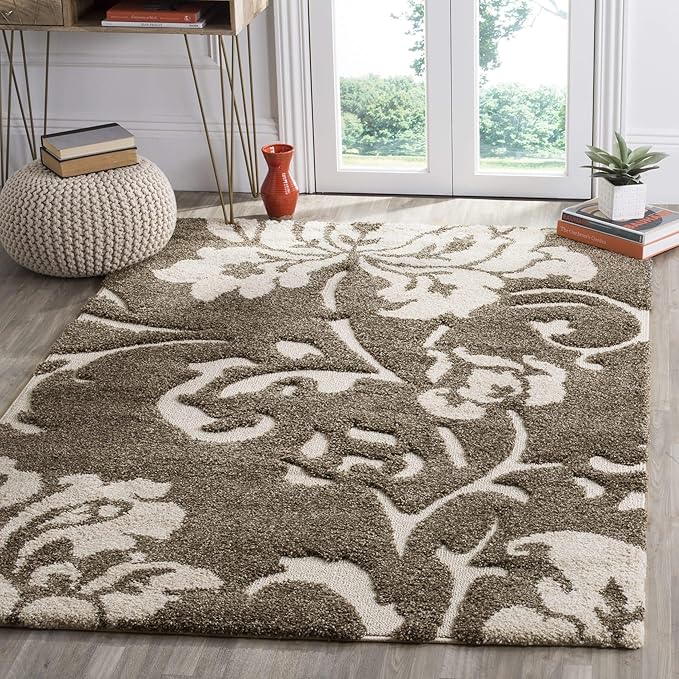 SAFAVIEH Florida Shag Collection Area Rug - 6'7" Square, Smoke & Beige, Floral Design, Non-Shedding & Easy Care, 1.2-inch Thick Ideal for High Traffic Areas in Living Room, Bedroom (SG458-7913)