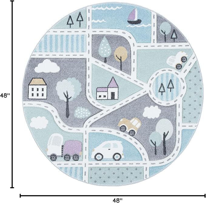 SAFAVIEH Carousel Kids Collection 4' Round Grey/Light Blue CRK193F Neighborhood Non-Shedding Nursery Playroom Area Rug