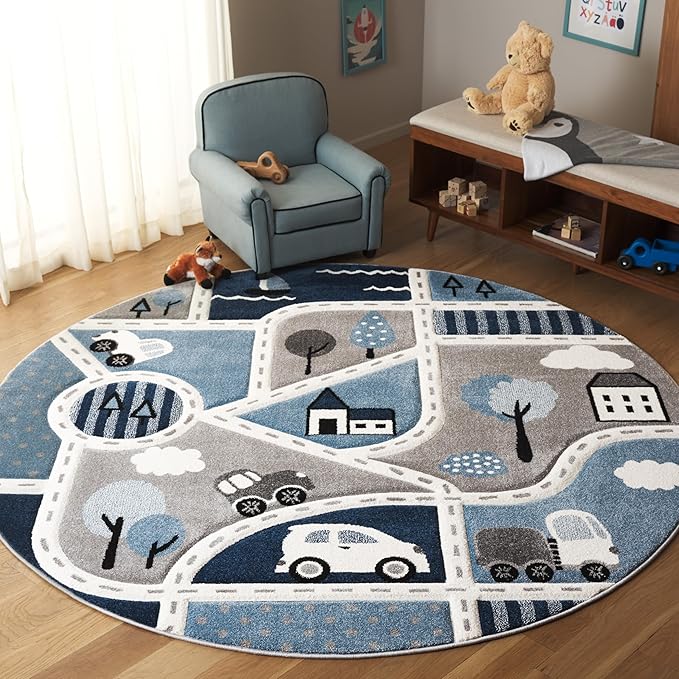 SAFAVIEH Carousel Kids Collection Area Rug - 6'7" Round, Grey & Blue, Non-Shedding & Easy Care, Ideal for High Traffic Areas for Boys & Girls in Playroom, Nursery, Bedroom (CRK193M)
