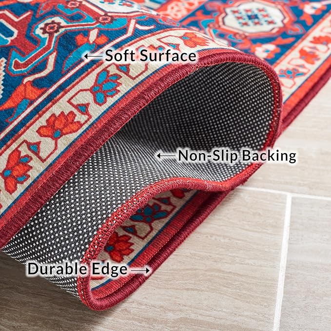 SAFAVIEH Washable Rug Tucson Collection - 3' x 5', Red & Blue, Slip Resistant & Easy to Clean, Ideal for Foyer, Entryway, Kitchen, Bedroom (TSN101Q)