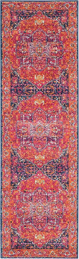 SAFAVIEH Evoke Collection 2'2" x 19' Fuchsia / Orange EVK275S Oriental Medallion Distressed Non-Shedding Living Room Bedroom Runner Rug