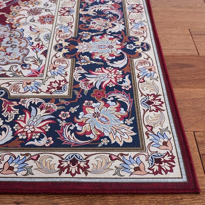 SAFAVIEH Washable Rug Tucson Collection - 2'6" x 10' Runner, Red & Navy, Slip Resistant & Easy to Clean, Ideal for Living Room, Bedroom, Dining Space (TSN135Q)