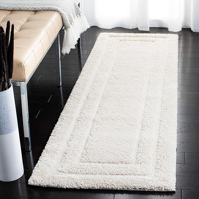 SAFAVIEH Florida Shag Collection Runner Rug - 2'3" x 11', Creme & Creme, Border Design, Non-Shedding & Easy Care, 1.2-inch Thick Ideal for High Traffic Areas in Living Room, Bedroom (SG454-1111)
