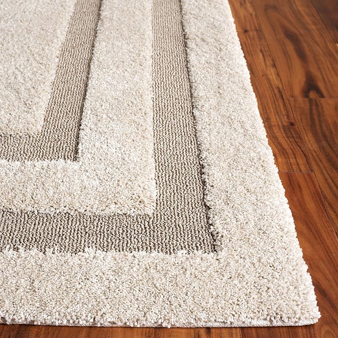 SAFAVIEH Florida Shag Collection Accent Rug - 4' x 6', Beige & Dark Beige, Border Design, 1.2-inch Thick, Ideal for The Living Room, Dining, Bedroom (SG454)