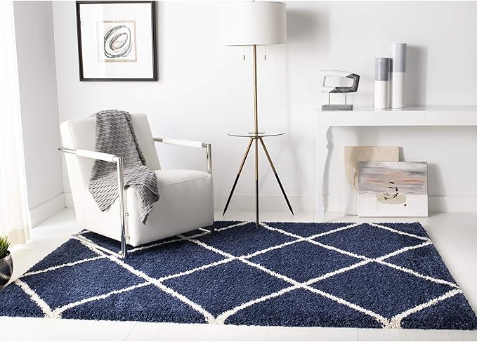 SAFAVIEH Hudson Shag Collection Area Rug - 9' x 12', Navy & Ivory, Modern Trellis Design, Non-Shedding & Easy Care, 2-inch Thick Ideal for High Traffic Areas in Living Room, Bedroom (SGH281C)