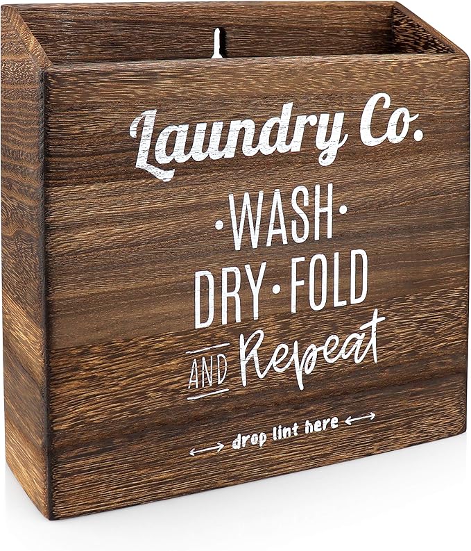 Magnetic Lint Bin for Laundry Room – Mountable, Wooden Lint Box/Holder/Trash Can or Organization and Storage Bin for Washer and Dryer Supplies – Rustic Farmhouse Decor by CADE + KAI (Torch Dark Brown)