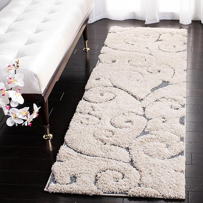 SAFAVIEH Florida Shag Collection Runner Rug - 2'3" x 17', Beige & Blue Grey, Scroll Design, Non-Shedding & Easy to Clean, High-Low Plush Pile, Ideal for Bedroom, Foyer, Hallway (SG455-1155)