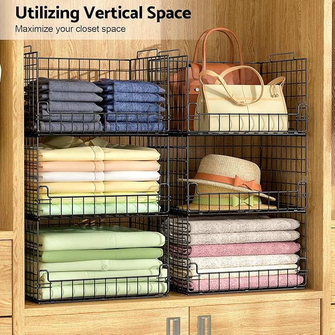 4 Tier Stackable Closet Organizers and Storage Basket - Sturdy Metal Foldable Storage Bin for Sweaters, Jeans and Clothes, Space-Saving Shelf Organizer System for Wardrobe, Black