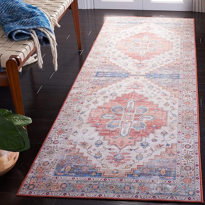 SAFAVIEH Washable Rug Tucson Collection - 2'6' x 6' Runner, Beige & Blue, Slip Resistant & Easy to Clean, Ideal for Hallway, Foyer, Entryway, Bedroom (TSN109B)