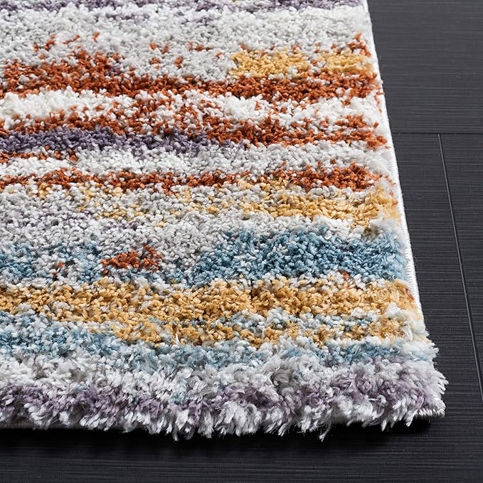 SAFAVIEH Berber Shag Collection Area Rug - 8' Square, Blue Rust & Ivory, Stripe Design, 1.2-inch Thick Ideal for High Traffic Areas in Living Room, Bedroom, Dining (BER565A-8SQ)