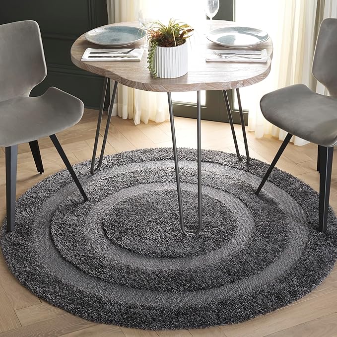 SAFAVIEH Florida Shag Collection Area Rug - 5' Round, Grey & Grey, Border Design, Non-Shedding & Easy Care, 1.2-inch Thick Ideal for High Traffic Areas in Living Room, Bedroom (SG454-8080)