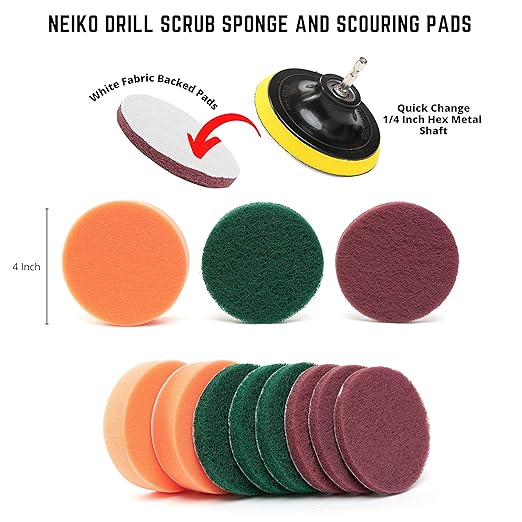 NEIKO 00322A Drill Brush Attachment Set, 15 Pcs, Polishing, Buffing, Scrubbing, Cleaning Round, Power Scrubber Brush, Long Reach Extension, Drill Brush Set for Car Detailing Supplies, Brush Drill Kit