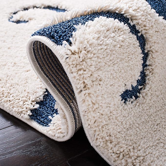 SAFAVIEH Florida Shag Collection Runner Rug - 2'3" x 9', Cream & Blue, Scroll Design, Non-Shedding & Easy to Clean, High-Low Plush Pile, Ideal for Bedroom, Foyer, Hallway (SG455-1165)