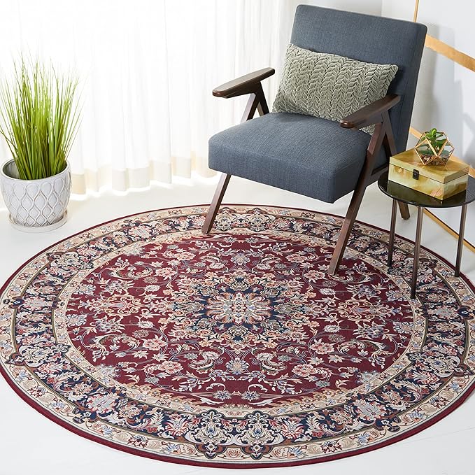 SAFAVIEH Washable Rug Tucson Collection - 6' Round, Red & Navy, Slip Resistant & Easy to Clean, Ideal for Living Room, Bedroom, Dining Space (TSN135Q)