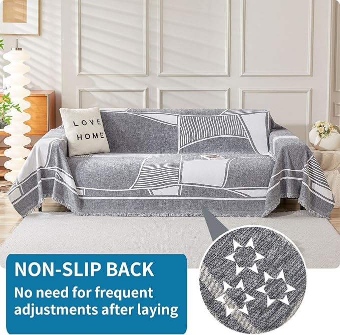 HAOMAIJIA Non Slip Couch Cover Sofa Covers for 3 Cushion Couch Washable sectional Couch Covers for Dogs pet Furniture Protector Couch Cover Blanket for Living Room (Grey-Cream, 71"x134")