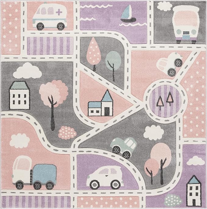 SAFAVIEH Carousel Kids Collection Area Rug - 6'7" Square, Grey/Pink, Geometric Design, Ideal for High Traffic Areas in Living Room, Bedroom, Dining (CRK193U)